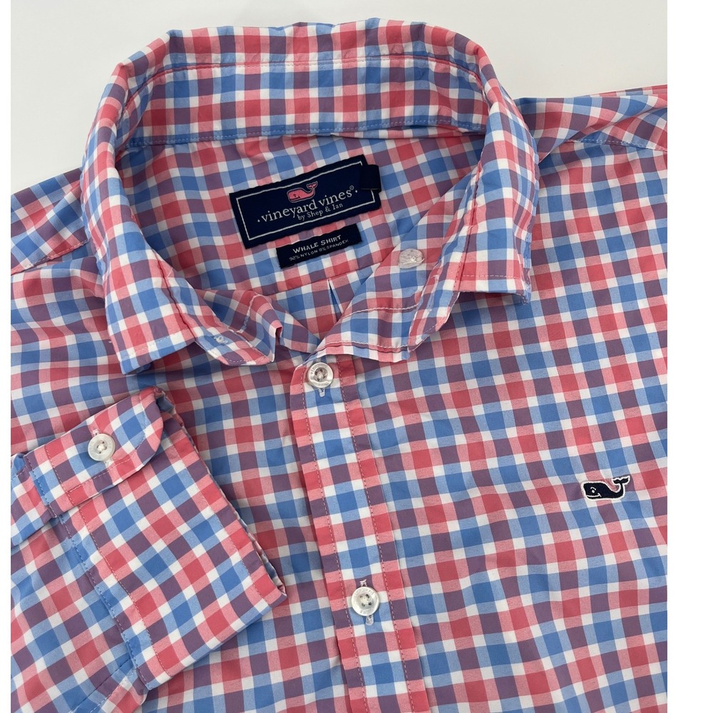 Vineyard Vines Whale Shirt Mens M Red Blue Gingham Performance Nylon Spandex